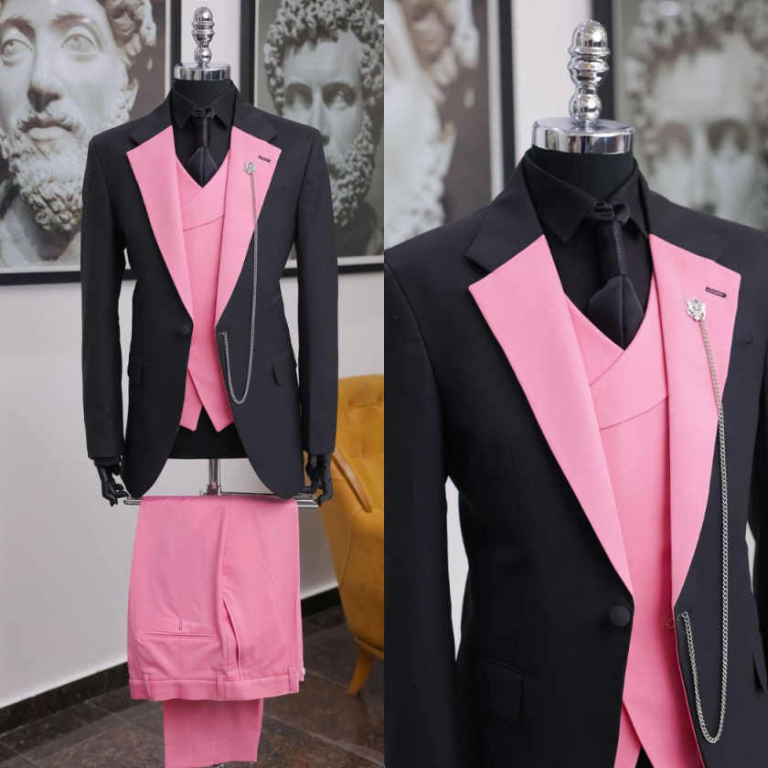 Men Formal Wear Pink - Luksusowy czarno-różowy męski smoking z szalowym