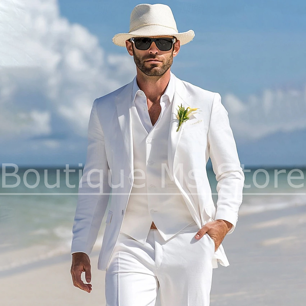 Men Linen Formal Wear - Męski biały lniany garnitur 3-częściowy jednorzędowy