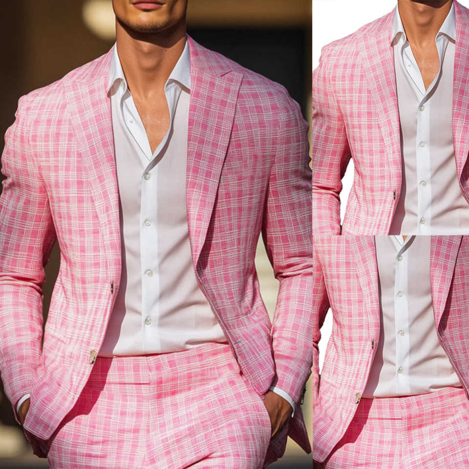 Men Formal Wear Pink - Letnie różowe męskie smokingi w kratę