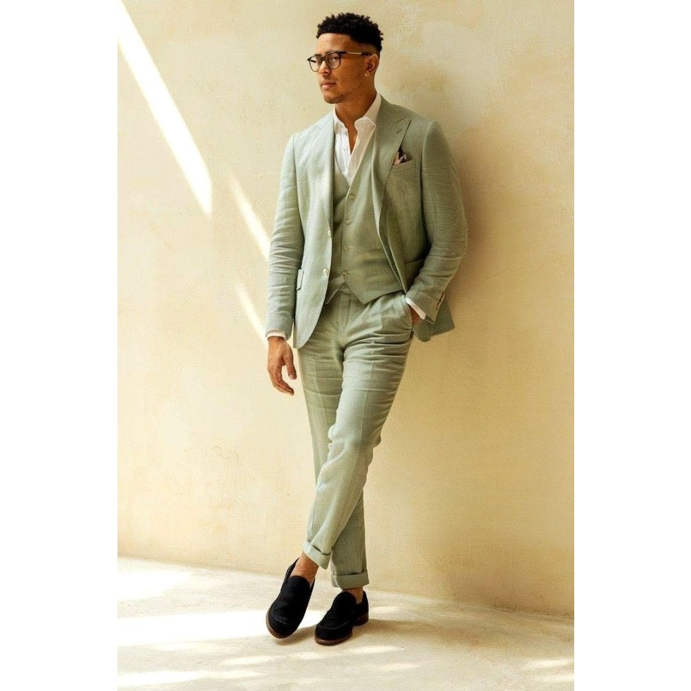 Men Linen Formal Wear - Zielone lniane garnitury ślubne w kolorze