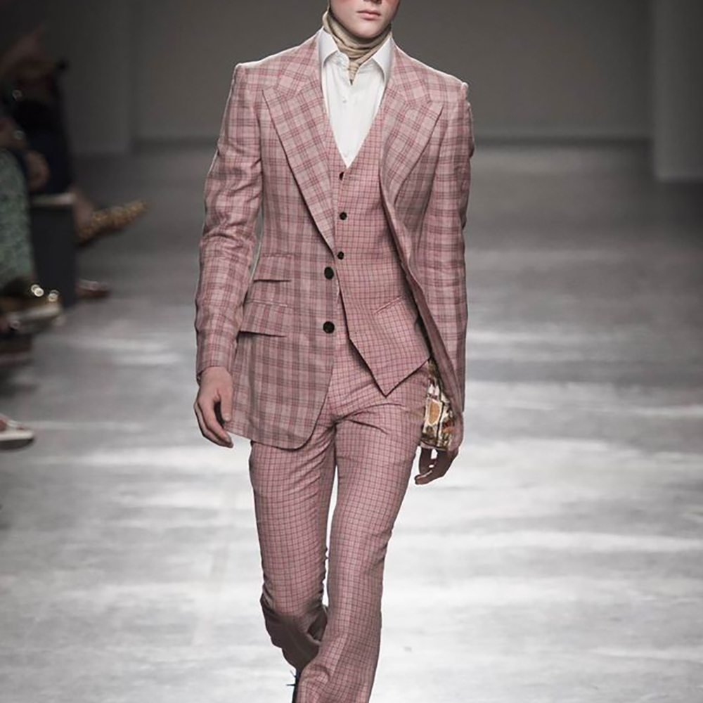 Men Formal Wear Pink - Różowe Garnitury Męskie w Kratę 3-częściowe