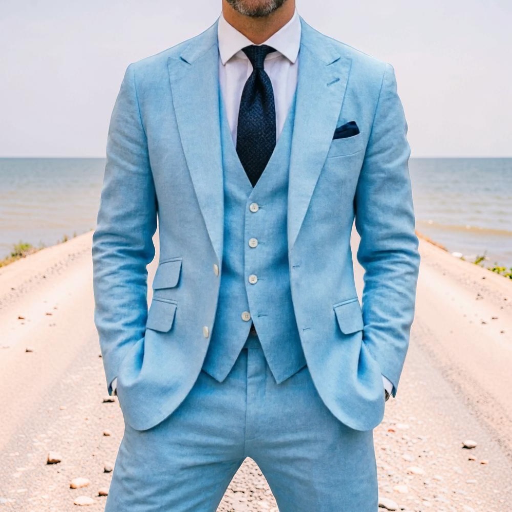 Men Formal Wear In Summer - Błękitny lniany męski smoking ślubny 3-częściowy