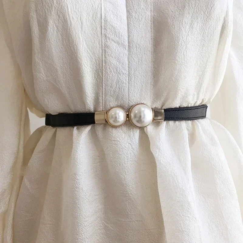 Formal Belt Leather Thin - Pasek damski Kreatywna podwójna perłowa skórzana