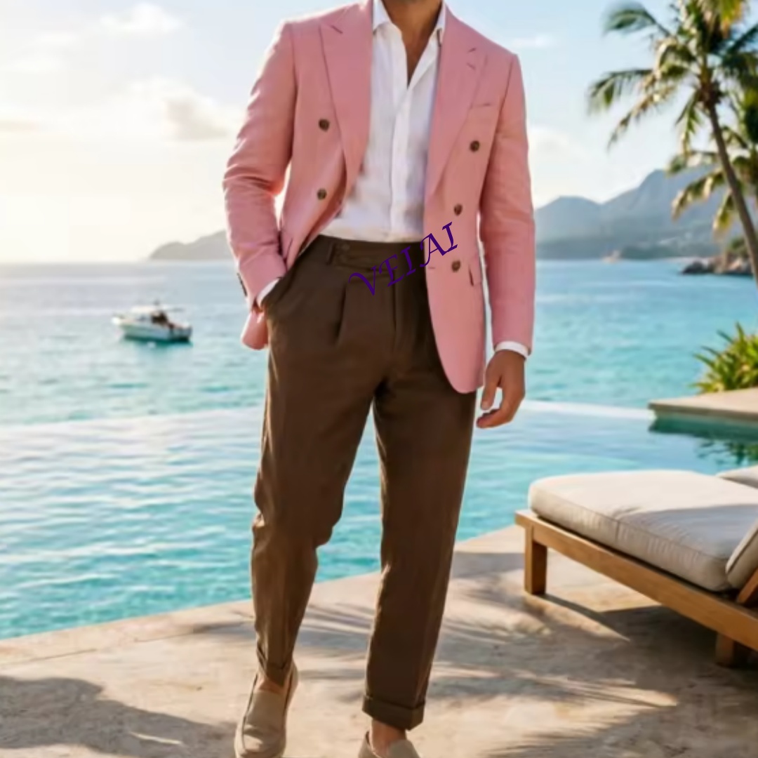 Men Linen Formal Wear - Dwuczęściowy, beżowy, lniany garnitur męski dwurzędowy,